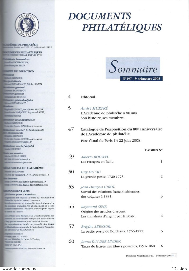 ACADEMIE DE PHILATELIE DOCUMENTS PHILATELIQUES N° 197 + Sommaire - Andere & Zonder Classificatie