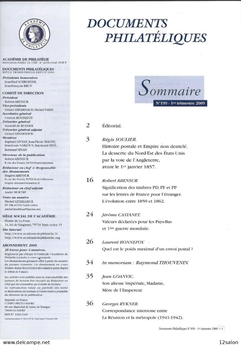 ACADEMIE DE PHILATELIE DOCUMENTS PHILATELIQUES N° 199 + Sommaire - Otros & Sin Clasificación