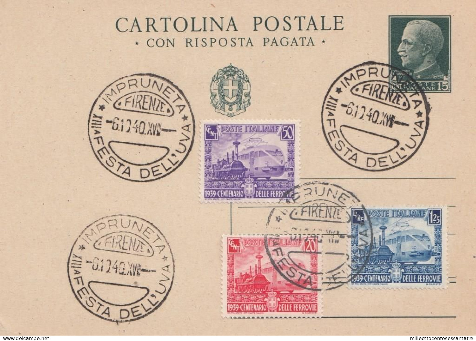 1751 - REGNO - CARTOLINA POSTALE - Da Cent. 15 Del 1940 Da Impruneta Con Aggiunta - Serie Centenario Delle Ferrovie - - Ganzsachen