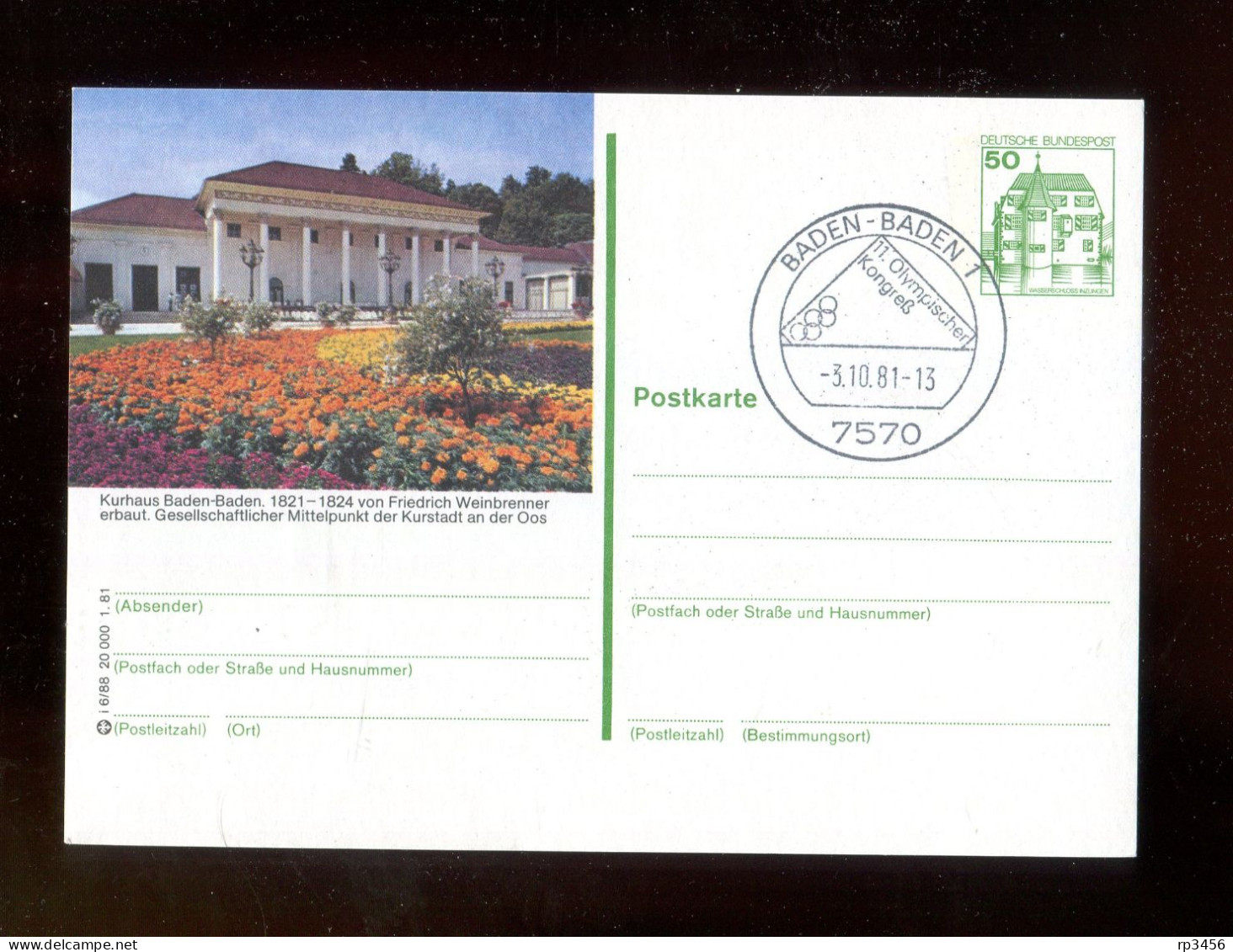 "BUNDESREPUBLIK DEUTSCHLAND" 1981, Bildpostkarte Mit Bildgleichem Stempel Ex "BADEN-BADEN" (R2016) - Bildpostkarten - Gebraucht