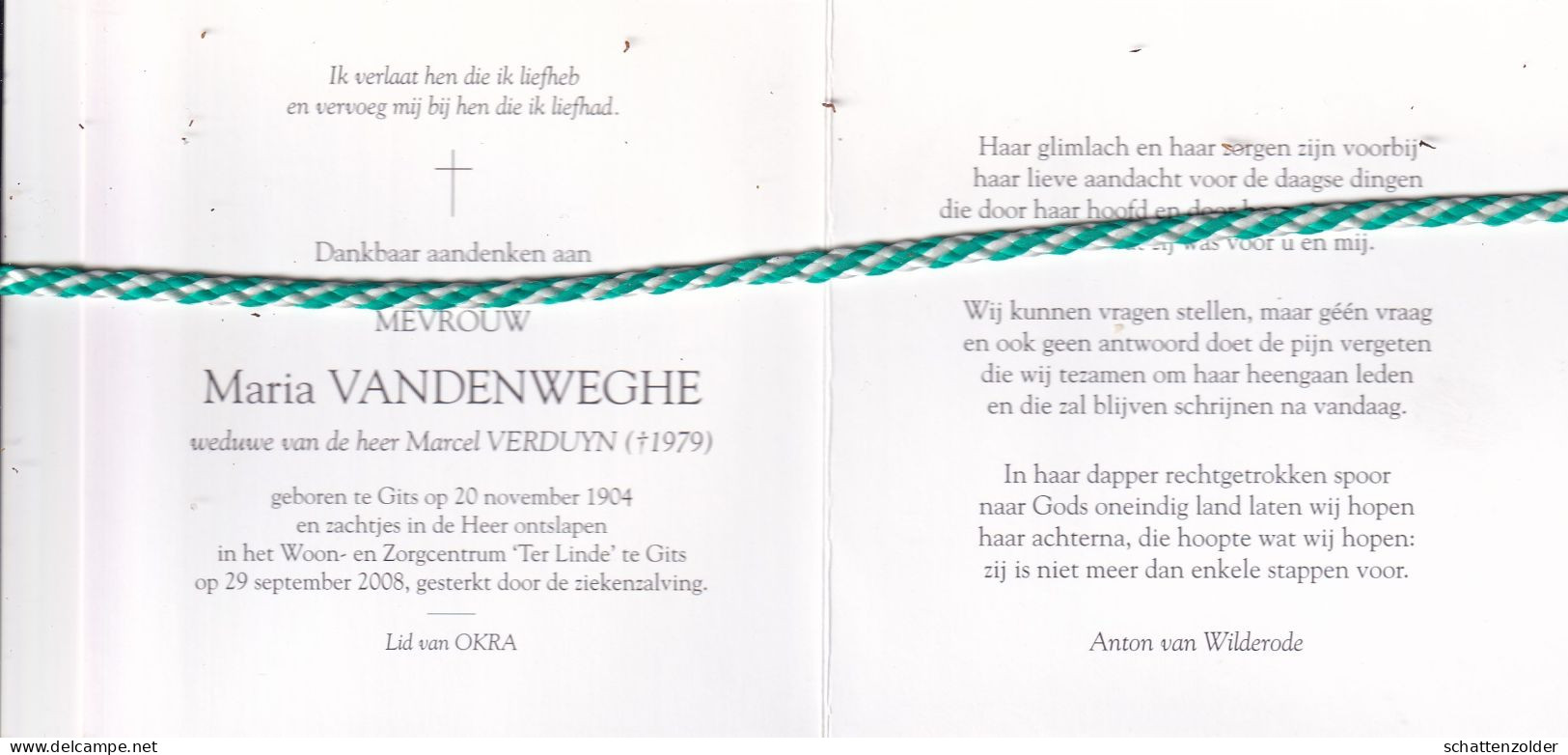 Maria Vandeweghe-Verduyn, Gits 1904, 2008. Honderdjarige. Foto - Overlijden