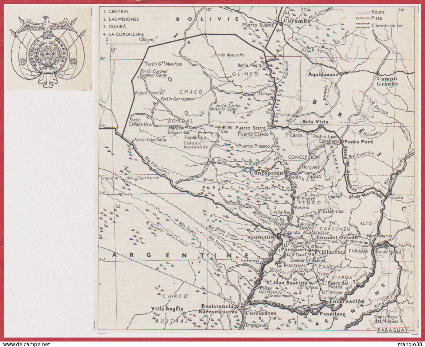 Paraguay. Carte Avec Route, Piste, Chemin De Fer. Armoiries. Larousse 1960. - Historische Documenten