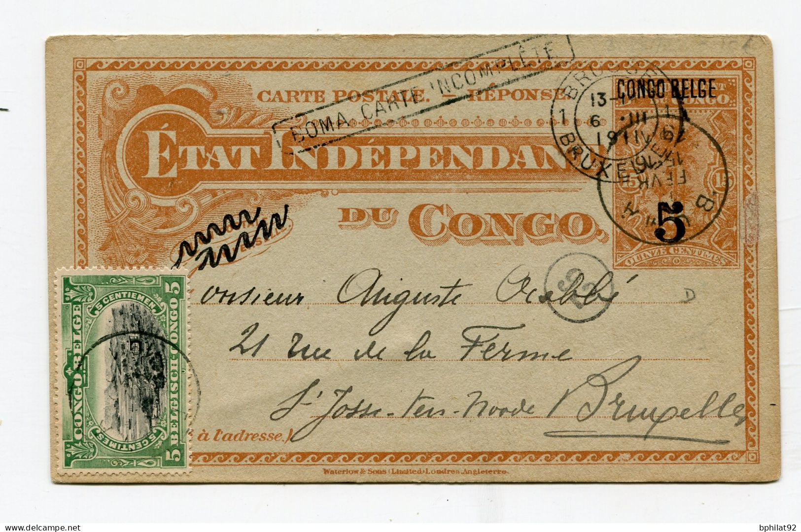 !!! ENTIER POSTAL DU CONGO BELGE DE 1911 POUR BRUXELLES - Brieven En Documenten