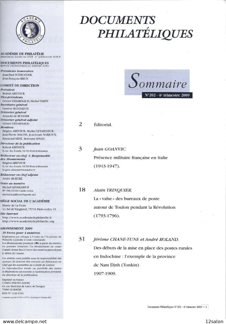 ACADEMIE DE PHILATELIE DOCUMENTS PHILATELIQUES N° 202 + Sommaire - Autres & Non Classés