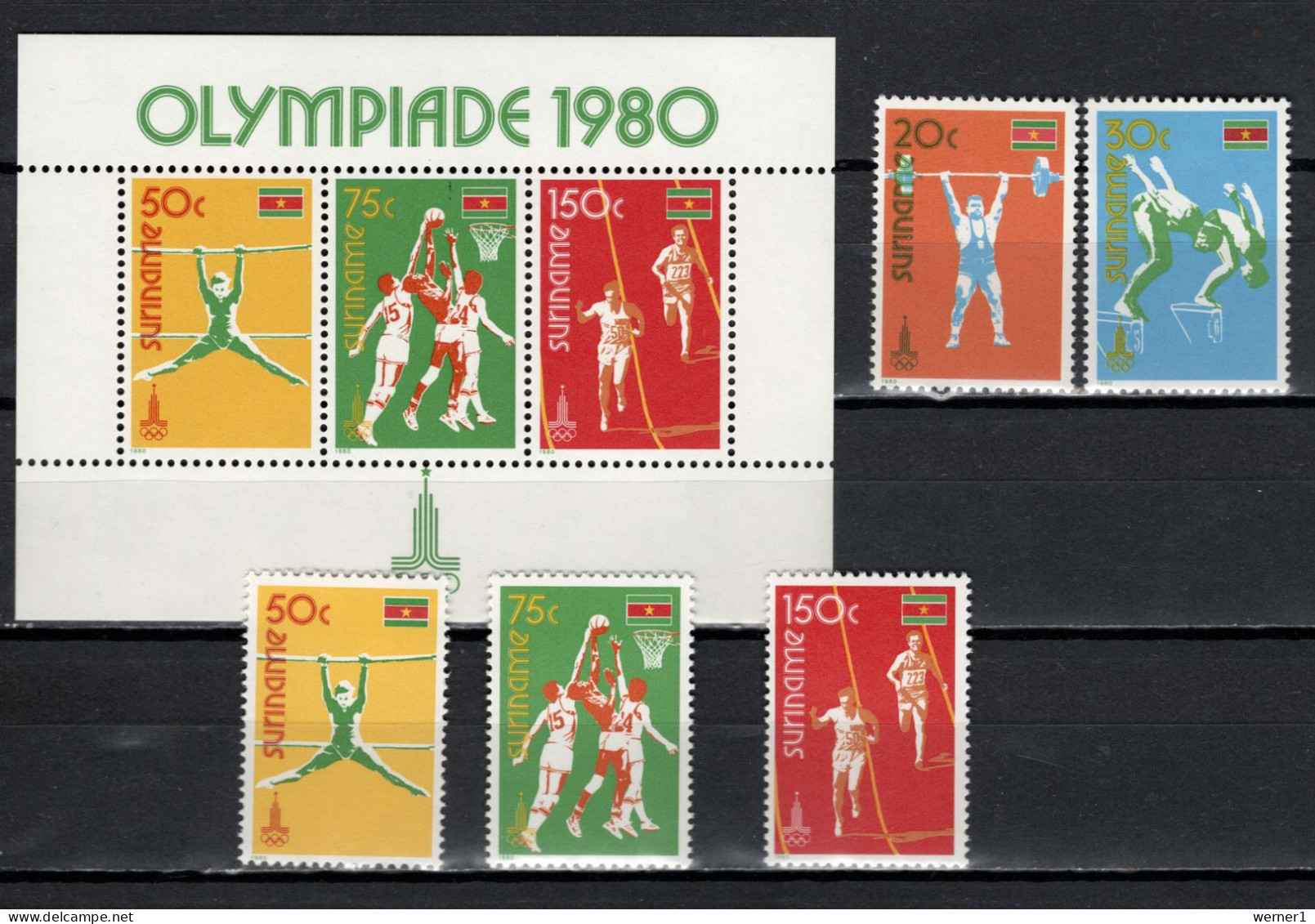 Suriname 1980 Olympic Games Moscow, Basketball, Weightlifting, Athletics Set Of 5 + S/s MNH - Estate 1980: Mosca