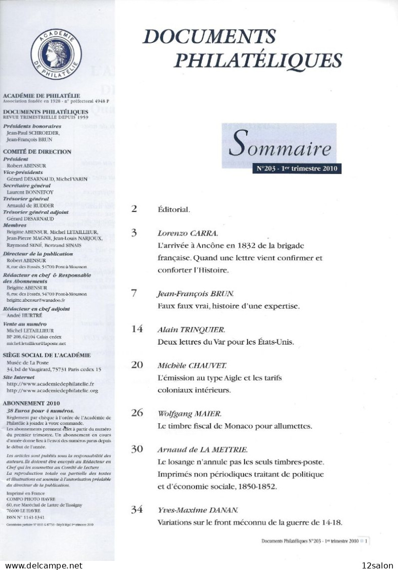ACADEMIE DE PHILATELIE DOCUMENTS PHILATELIQUES N° 203 + Sommaire - Altri & Non Classificati