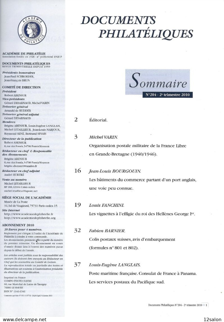 ACADEMIE DE PHILATELIE DOCUMENTS PHILATELIQUES N° 204 + Sommaire - Other & Unclassified