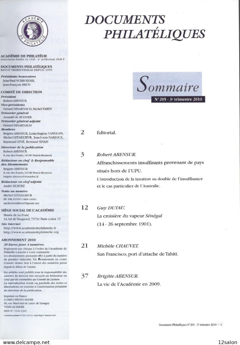 ACADEMIE DE PHILATELIE DOCUMENTS PHILATELIQUES N° 205 + Sommaire - Other & Unclassified