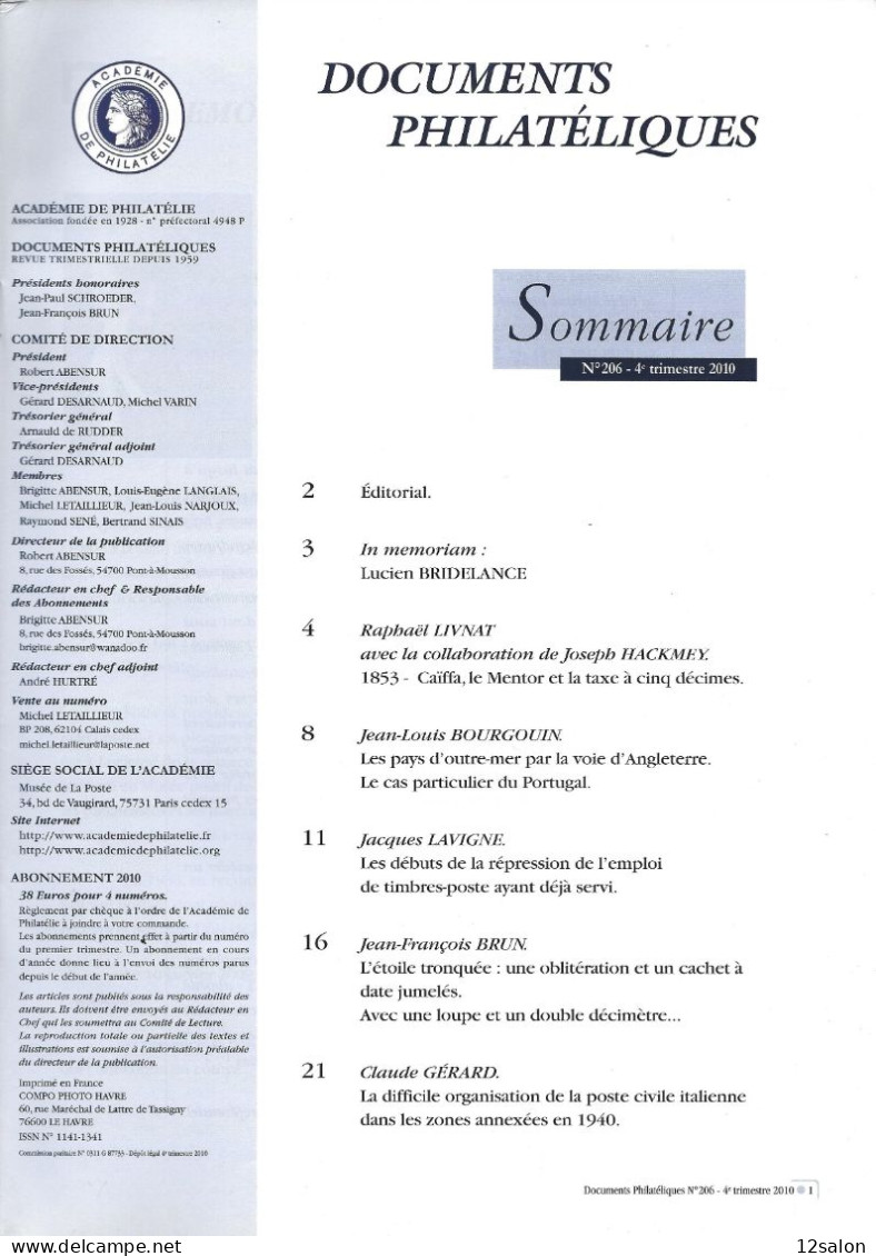 ACADEMIE DE PHILATELIE DOCUMENTS PHILATELIQUES N° 206 + Sommaire - Andere & Zonder Classificatie