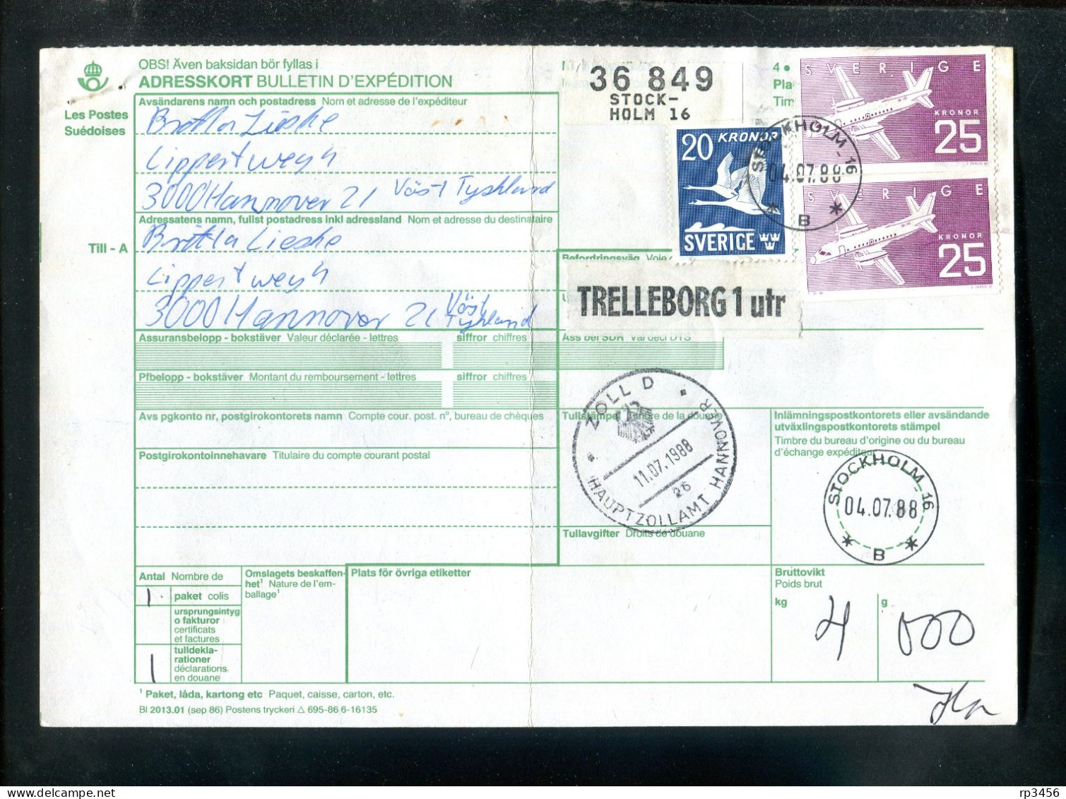 "SCHWEDEN" 1988, Auslands-Paketkarte Nach Hannover, Frankatur ! (R2019) - Covers & Documents