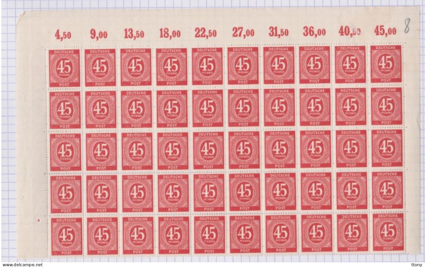 50  Timbres  45  Pf ** Sur Moitié De Feuille   Allemagne    Occupation Alliée   Zone Interalliée AAS Deutsche Post - Mint