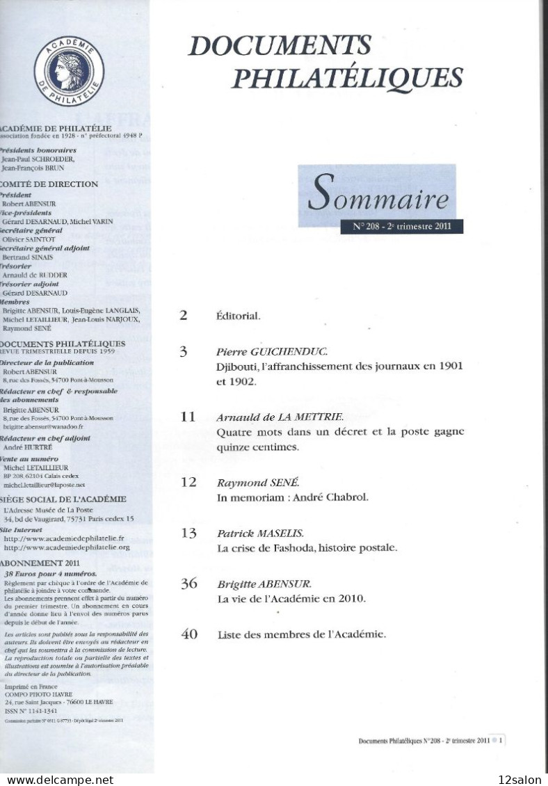 ACADEMIE DE PHILATELIE DOCUMENTS PHILATELIQUES N° 208 + Sommaire - Autres & Non Classés
