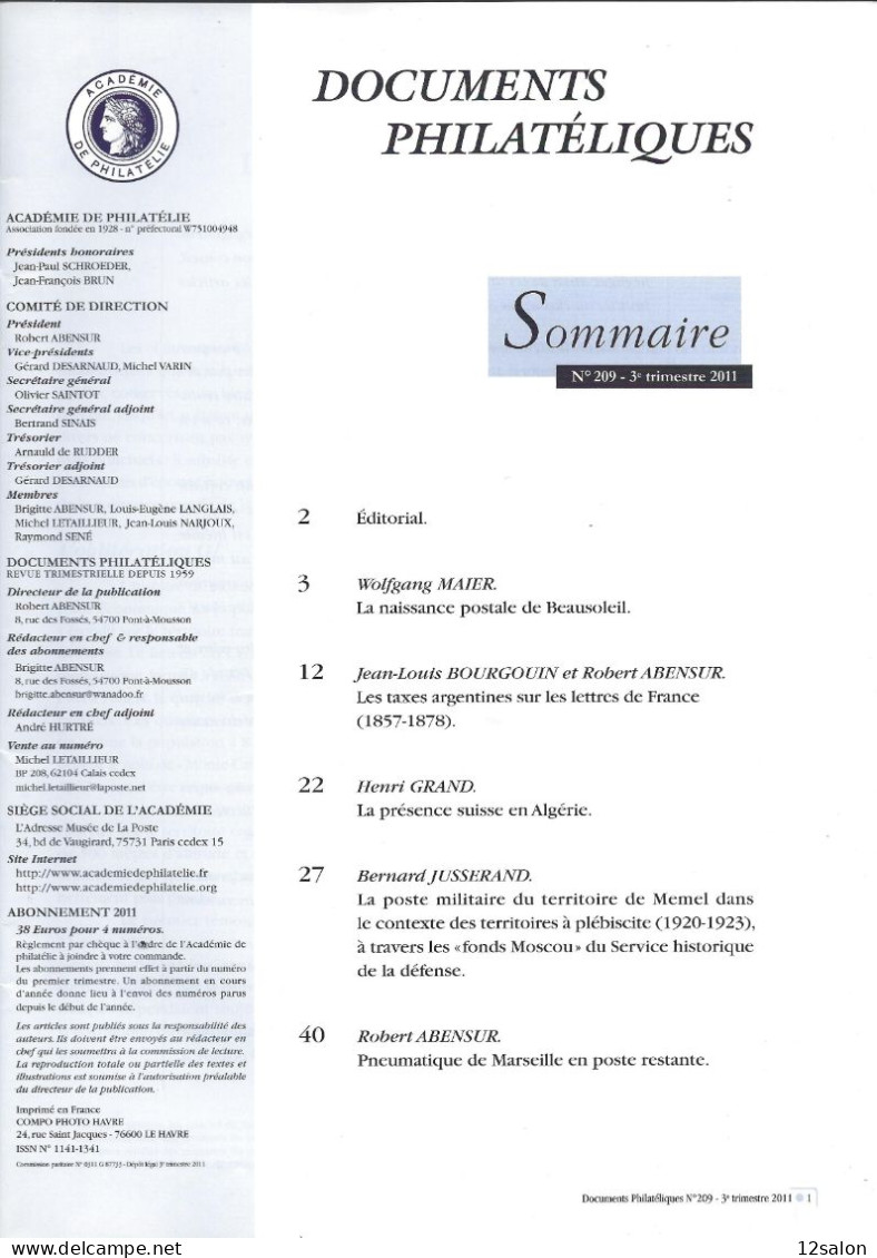 ACADEMIE DE PHILATELIE DOCUMENTS PHILATELIQUES N° 209 + Sommaire - Sonstige & Ohne Zuordnung
