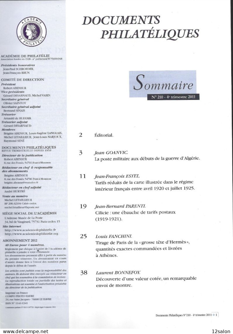 ACADEMIE DE PHILATELIE DOCUMENTS PHILATELIQUES N° 210 + Sommaire - Sonstige & Ohne Zuordnung