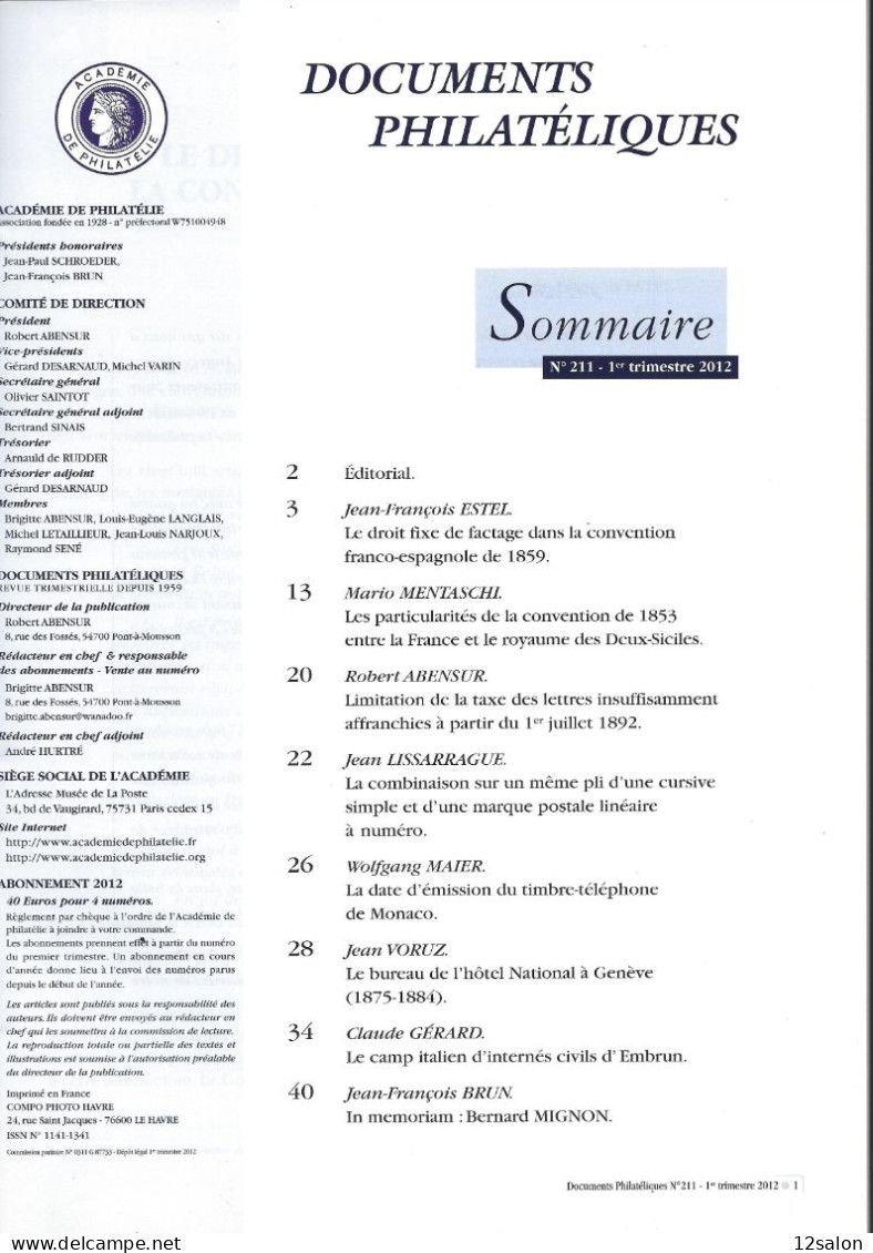 ACADEMIE DE PHILATELIE DOCUMENTS PHILATELIQUES N° 211 + Sommaire - Sonstige & Ohne Zuordnung
