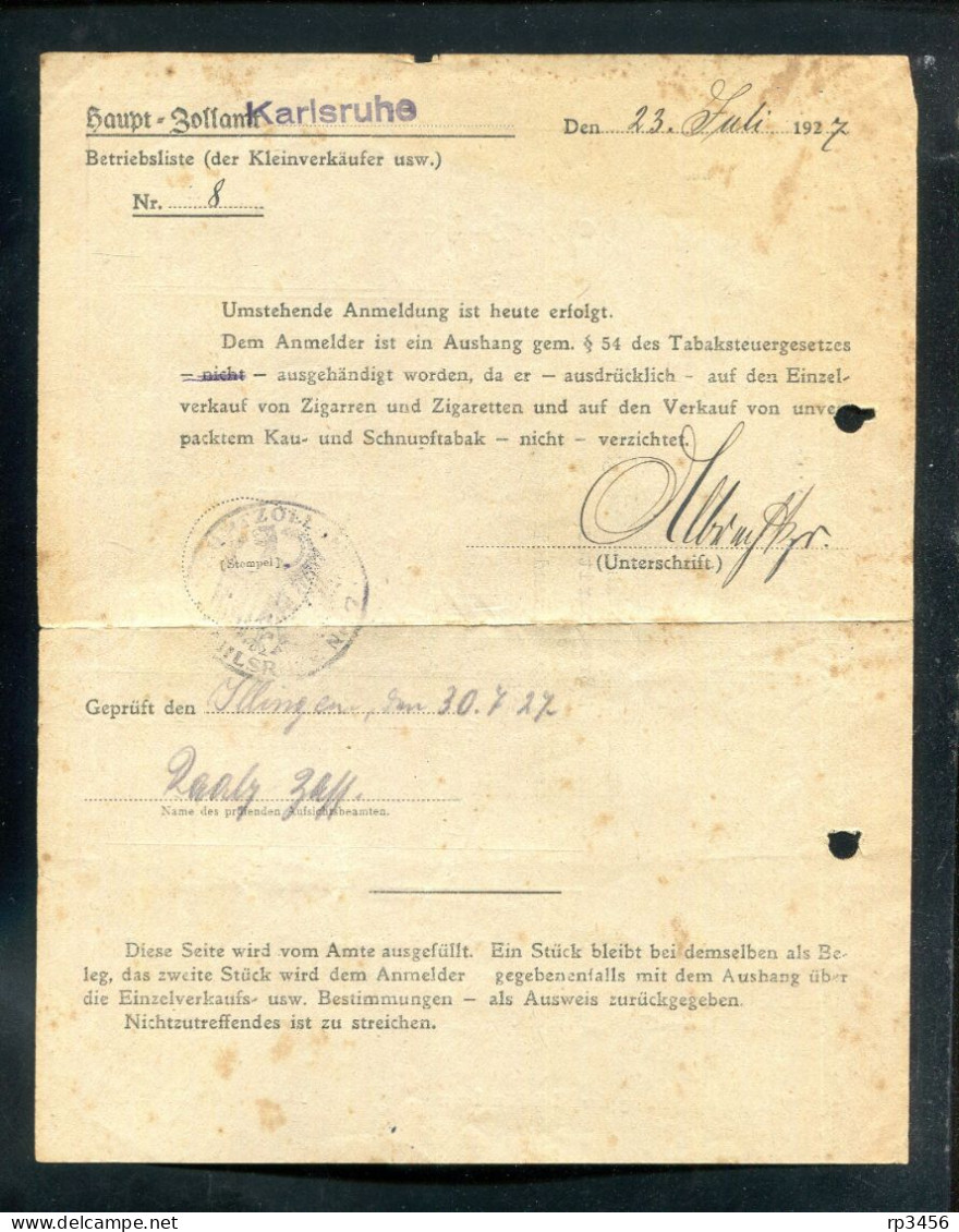 "ZOLLANMELDUNG/TABAKSTEUERGESETZ" 1927, Ex Haupt-Zollamt Karlsruhe, Geprueft In Illingen, 2 Seiten (R2021) - Documents Historiques