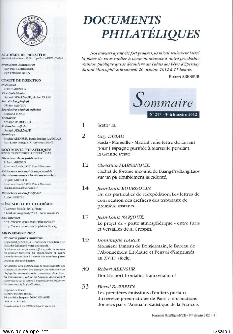 ACADEMIE DE PHILATELIE DOCUMENTS PHILATELIQUES N° 213 + Sommaire - Other & Unclassified