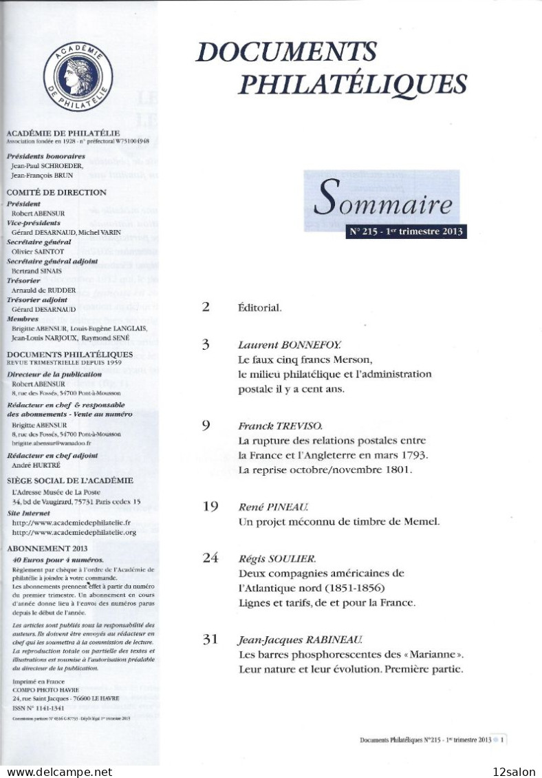 ACADEMIE DE PHILATELIE DOCUMENTS PHILATELIQUES N° 215 + Sommaire - Sonstige & Ohne Zuordnung