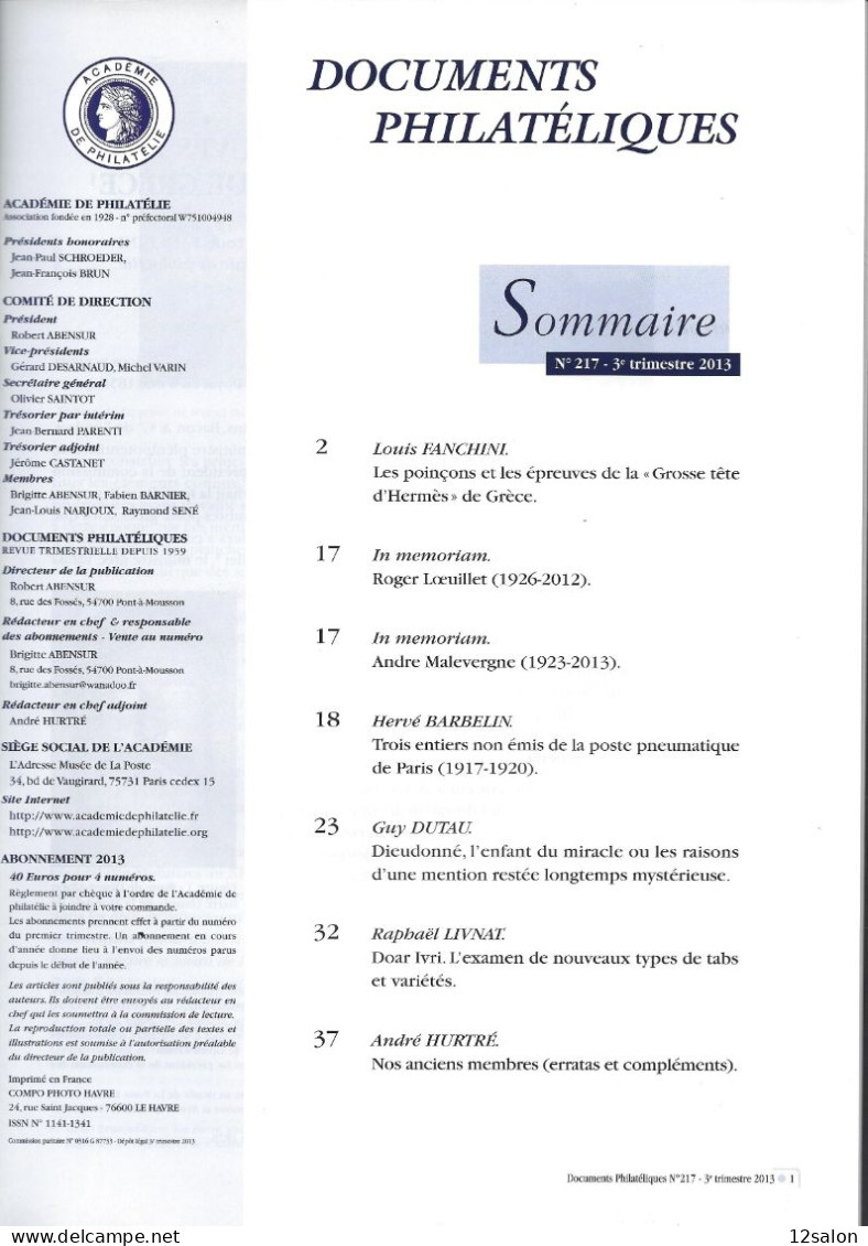 ACADEMIE DE PHILATELIE DOCUMENTS PHILATELIQUES N° 217 + Sommaire - Sonstige & Ohne Zuordnung