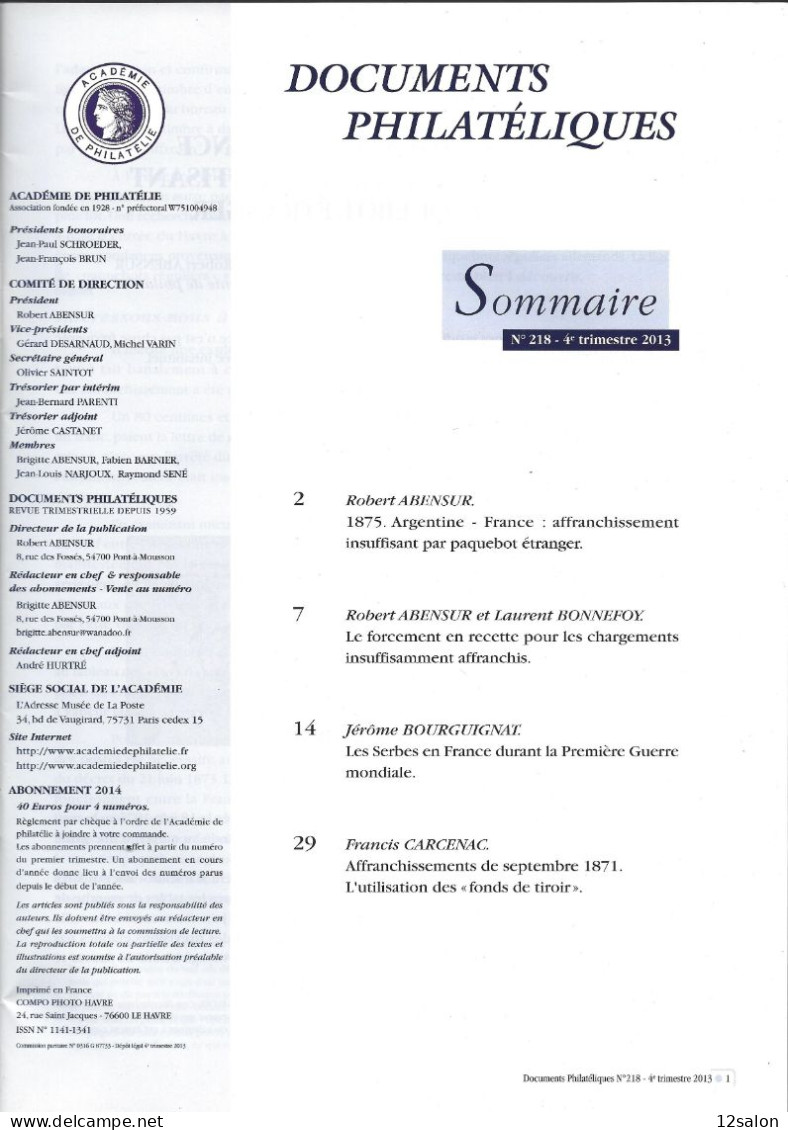 ACADEMIE DE PHILATELIE DOCUMENTS PHILATELIQUES N° 218 + Sommaire - Otros & Sin Clasificación