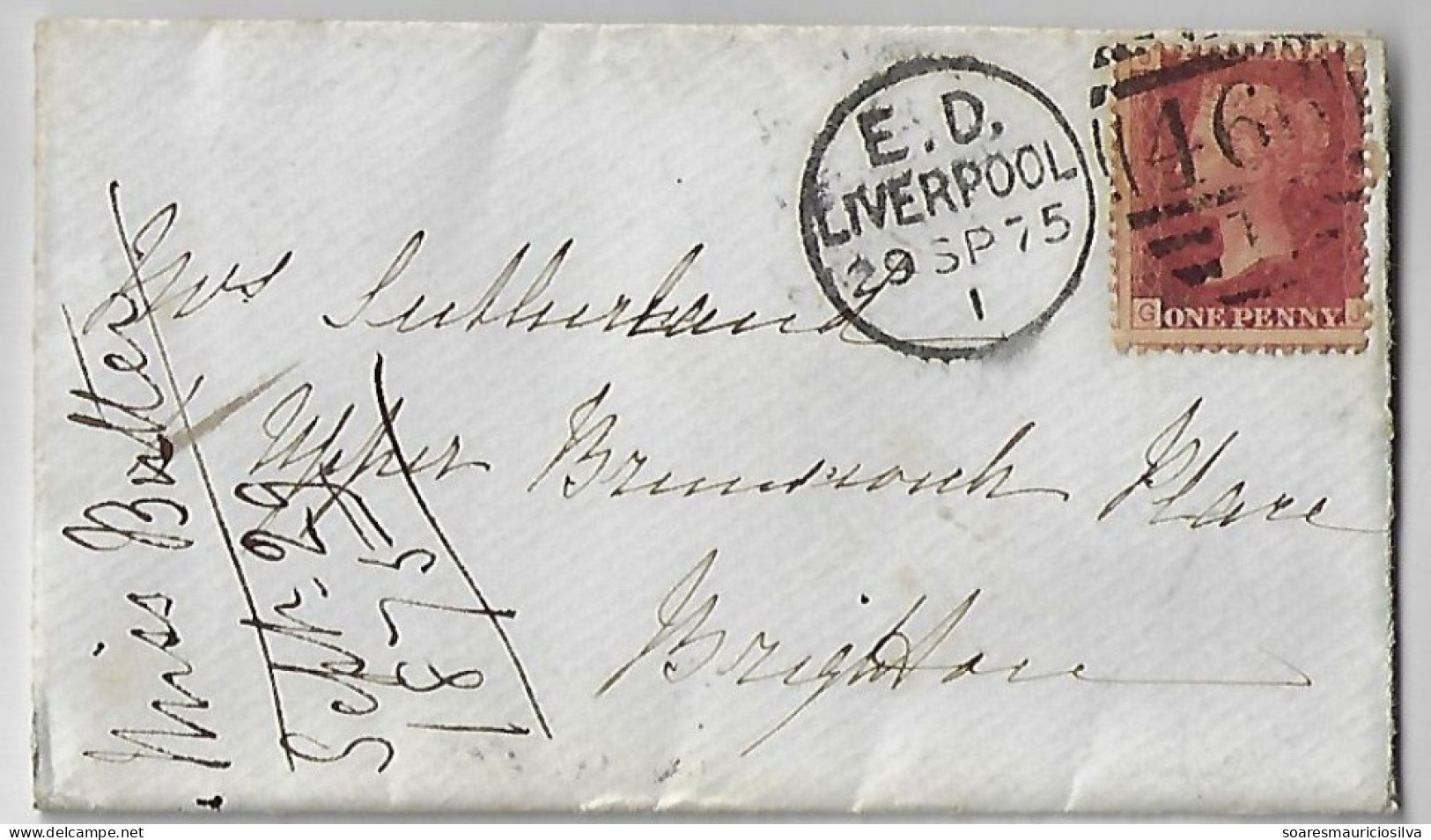 Great Britain 1875 Cover Liverpool To Brighton Stamp 1 Penny Red Perforate Corner Letter JG Queen Victoria Plate 173 - Covers & Documents