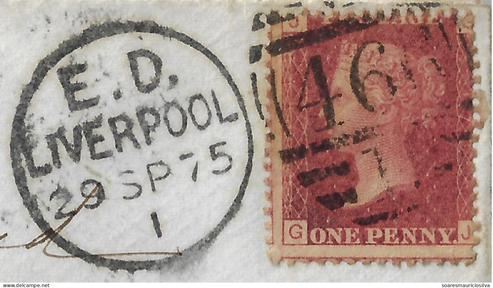 Great Britain 1875 Cover Liverpool To Brighton Stamp 1 Penny Red Perforate Corner Letter JG Queen Victoria Plate 173 - Briefe U. Dokumente