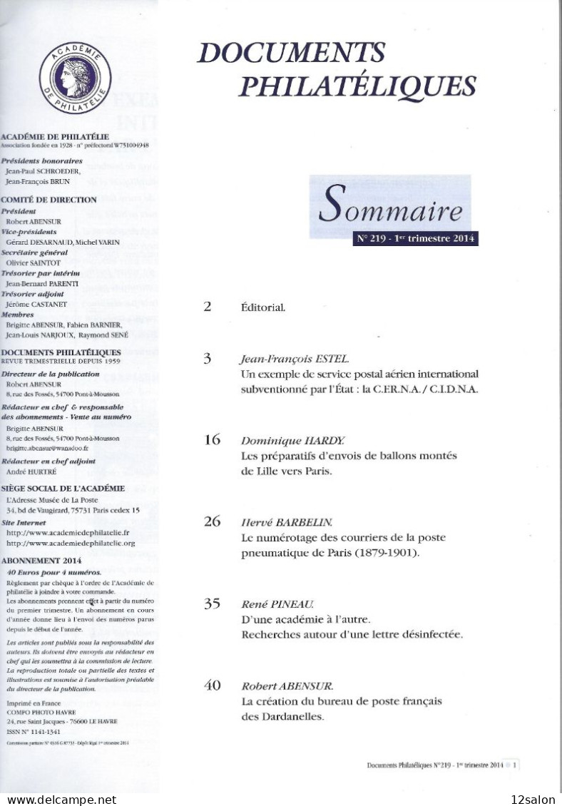 ACADEMIE DE PHILATELIE DOCUMENTS PHILATELIQUES N° 219 + Sommaire - Otros & Sin Clasificación