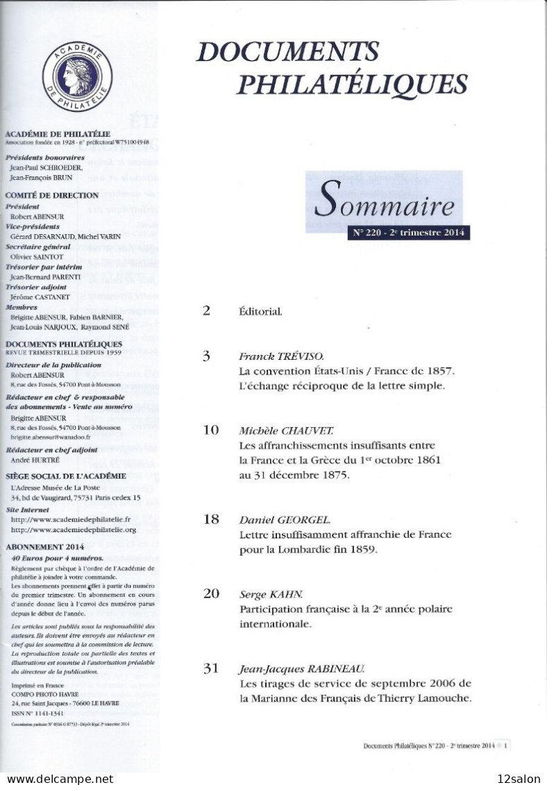 ACADEMIE DE PHILATELIE DOCUMENTS PHILATELIQUES N° 220 + Sommaire - Sonstige & Ohne Zuordnung