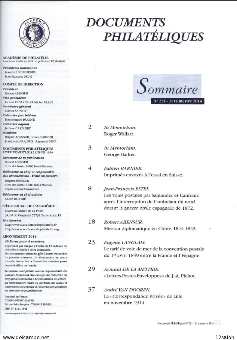 ACADEMIE DE PHILATELIE DOCUMENTS PHILATELIQUES N° 221 + Sommaire - Autres & Non Classés