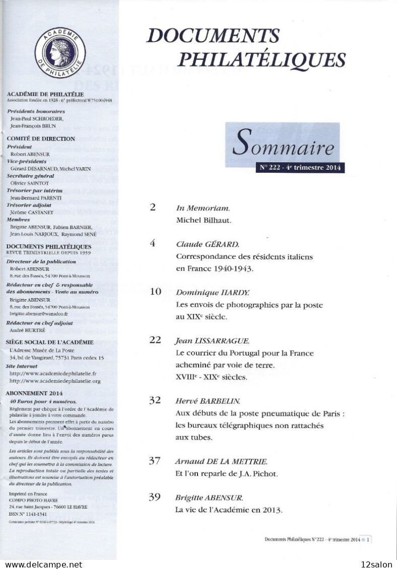 ACADEMIE DE PHILATELIE DOCUMENTS PHILATELIQUES N° 222 + Sommaire - Sonstige & Ohne Zuordnung