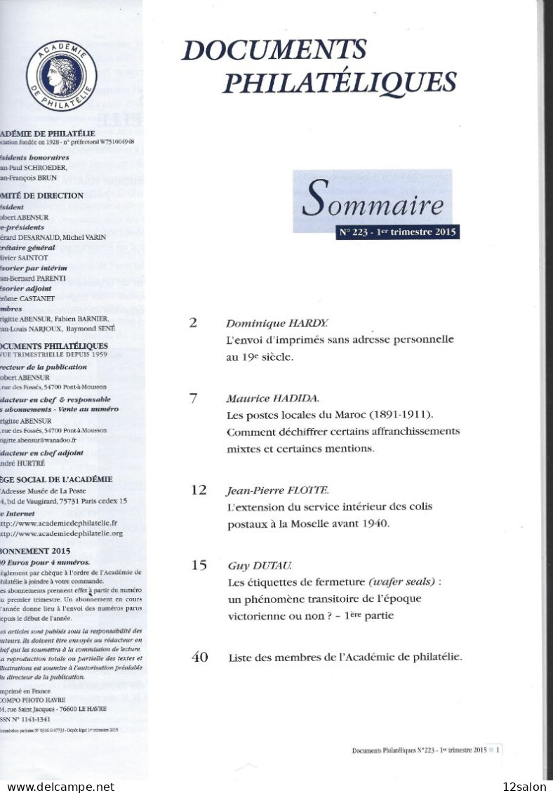 ACADEMIE DE PHILATELIE DOCUMENTS PHILATELIQUES N° 223 + Sommaire - Otros & Sin Clasificación