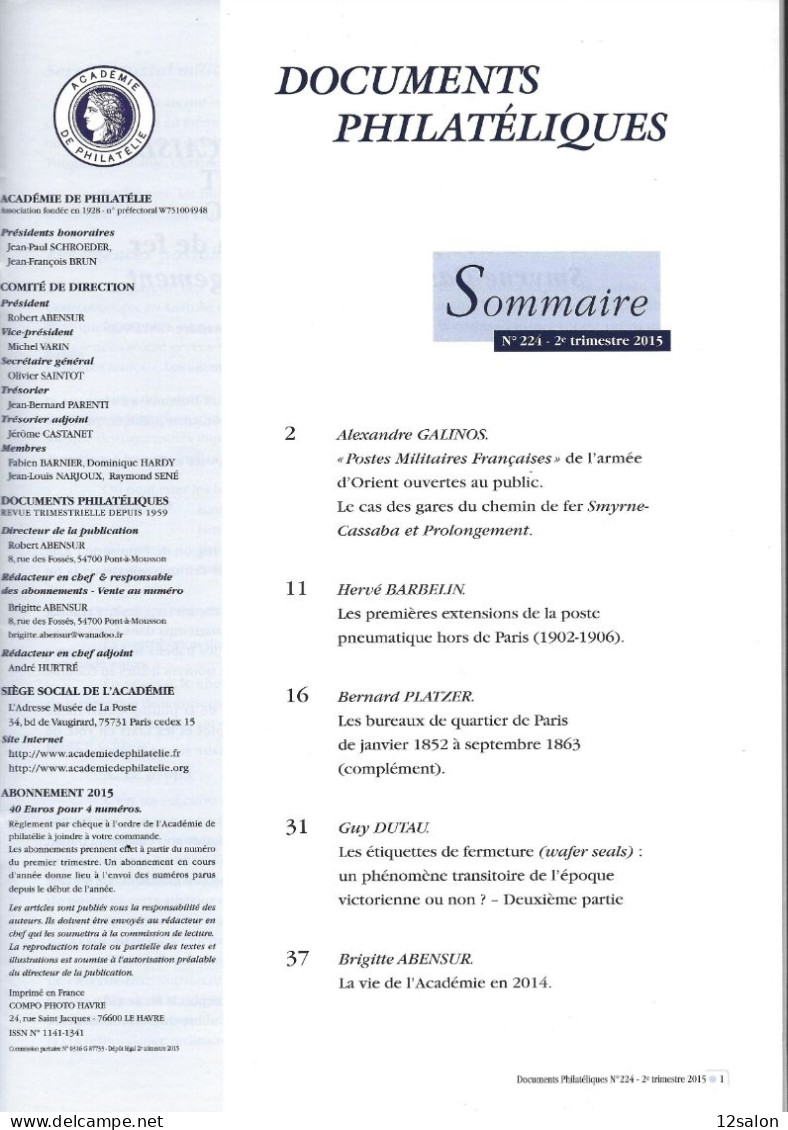 ACADEMIE DE PHILATELIE DOCUMENTS PHILATELIQUES N° 224 + Sommaire - Andere & Zonder Classificatie