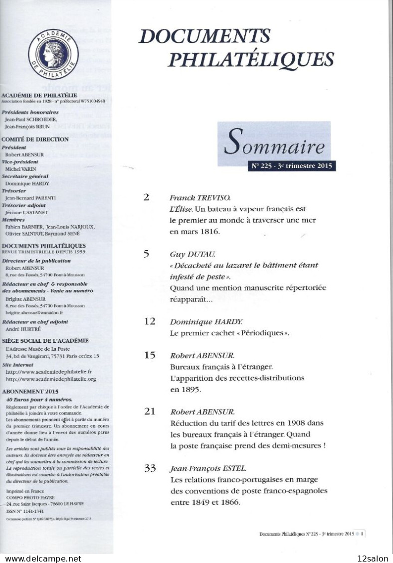 ACADEMIE DE PHILATELIE DOCUMENTS PHILATELIQUES N° 225 + Sommaire - Other & Unclassified