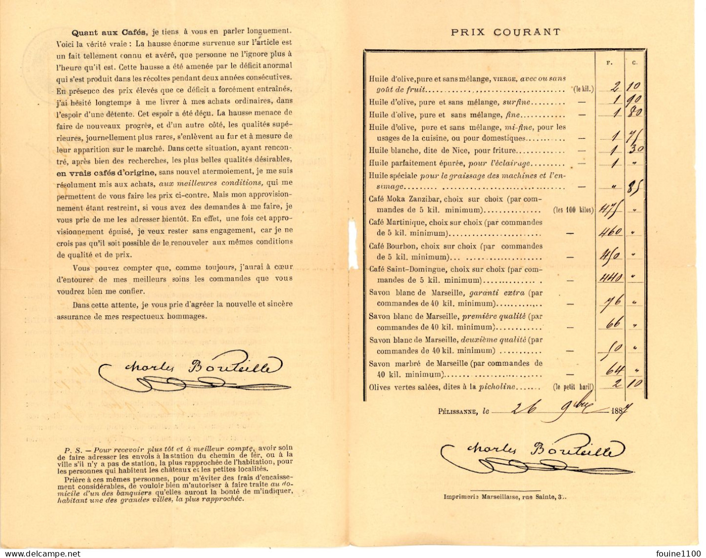 TARIF An 1887 Fabrique D HUILE D OLIVE Charles BOUTEILLE Ancien Maire Pr. à PELISSANNE Aix En Provence 13 ( Savon Blanc - 1800 – 1899