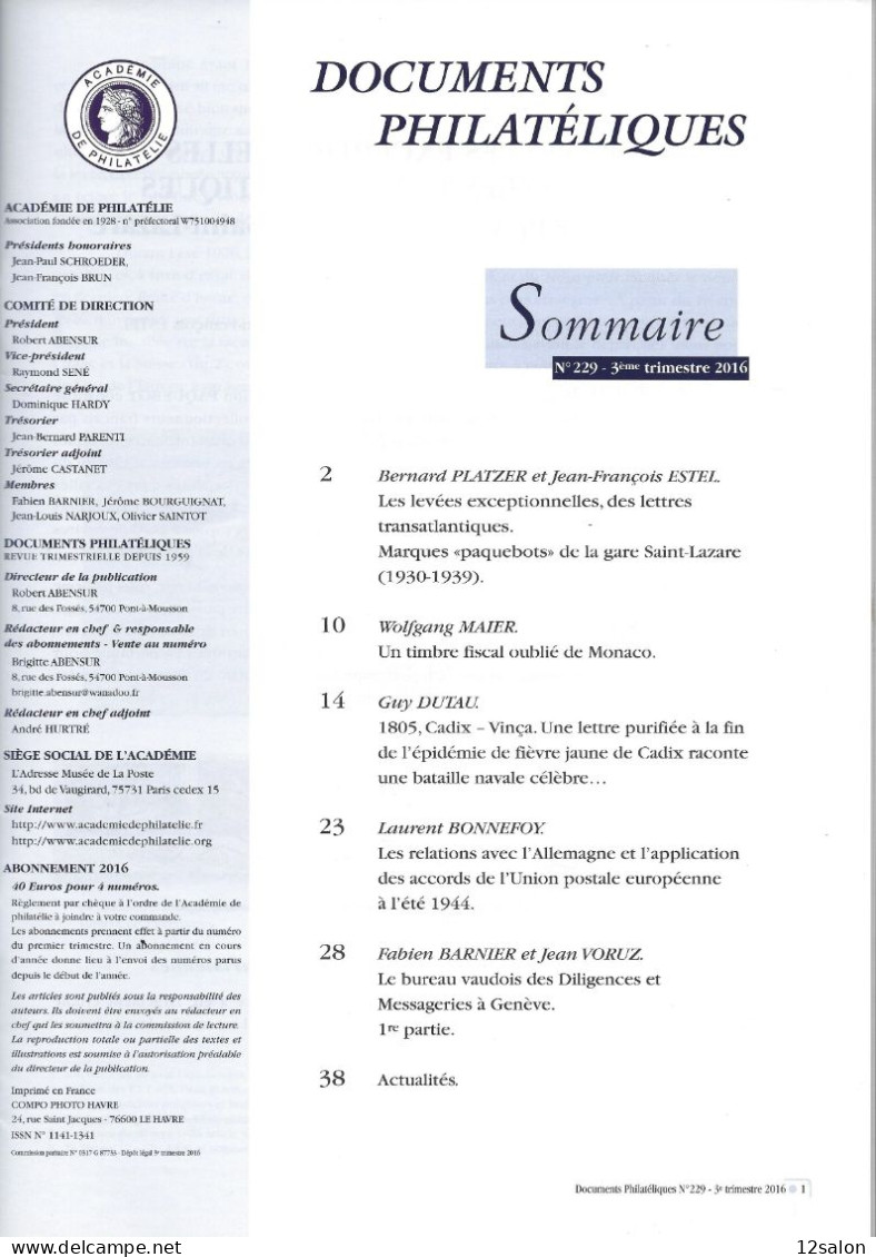 ACADEMIE DE PHILATELIE DOCUMENTS PHILATELIQUES N° 229 + Sommaire - Otros & Sin Clasificación