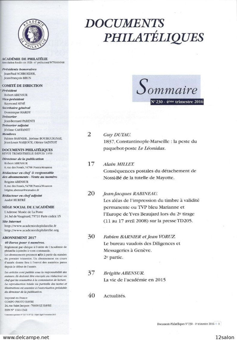 ACADEMIE DE PHILATELIE DOCUMENTS PHILATELIQUES N° 230 + Sommaire - Other & Unclassified