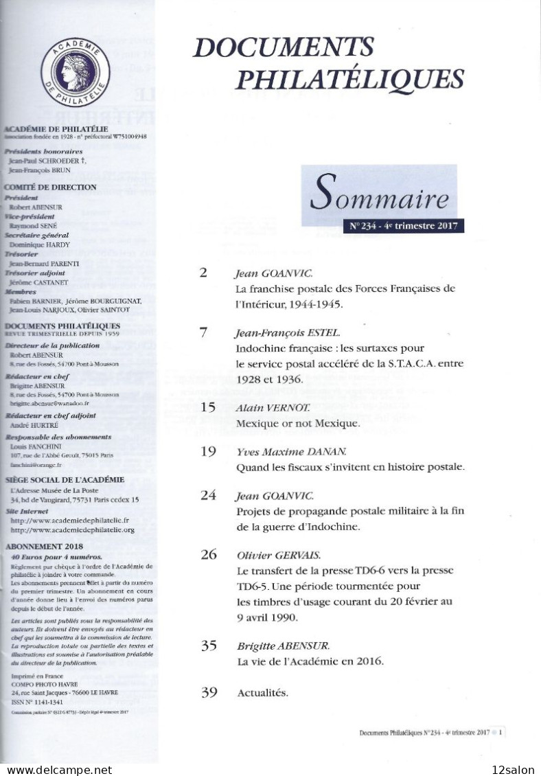 ACADEMIE DE PHILATELIE DOCUMENTS PHILATELIQUES N° 234 + Sommaire - Otros & Sin Clasificación