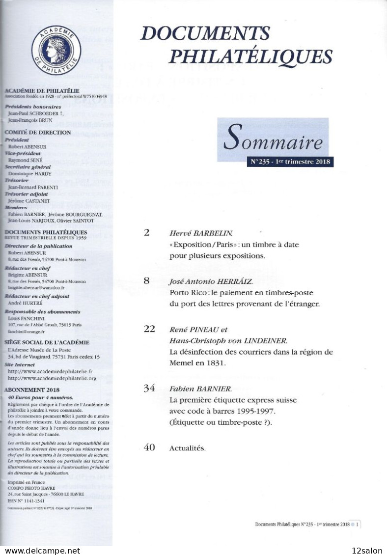 ACADEMIE DE PHILATELIE DOCUMENTS PHILATELIQUES N° 235 + Sommaire - Otros & Sin Clasificación