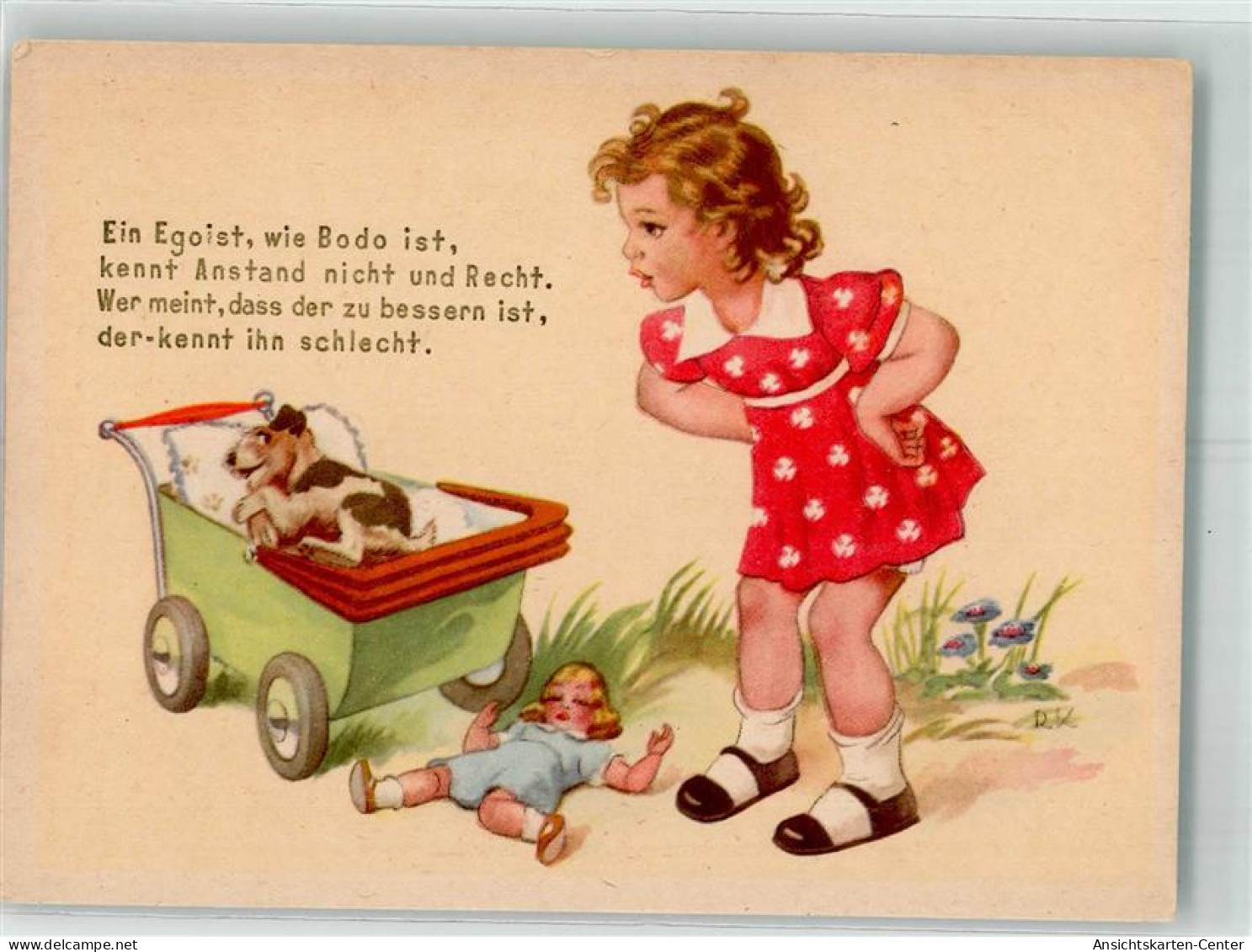 39740809 - Der Kleine Hund Schmeisst Zum Aerger Des Kleinen Maedchens Die Puppe Aus Dem Puppenwagen Und Legt Sich Selbs - Chiens