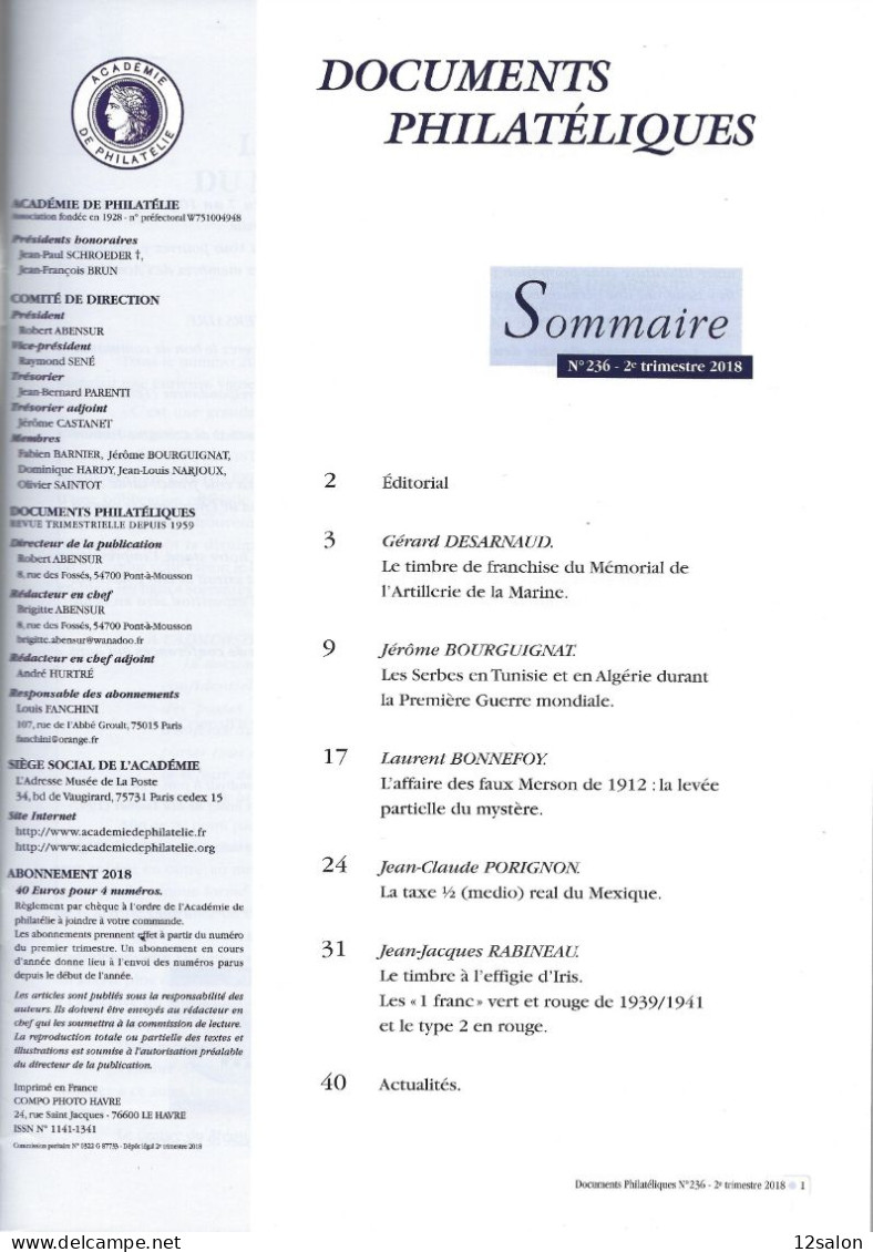 ACADEMIE DE PHILATELIE DOCUMENTS PHILATELIQUES N° 236 + Sommaire - Autres & Non Classés