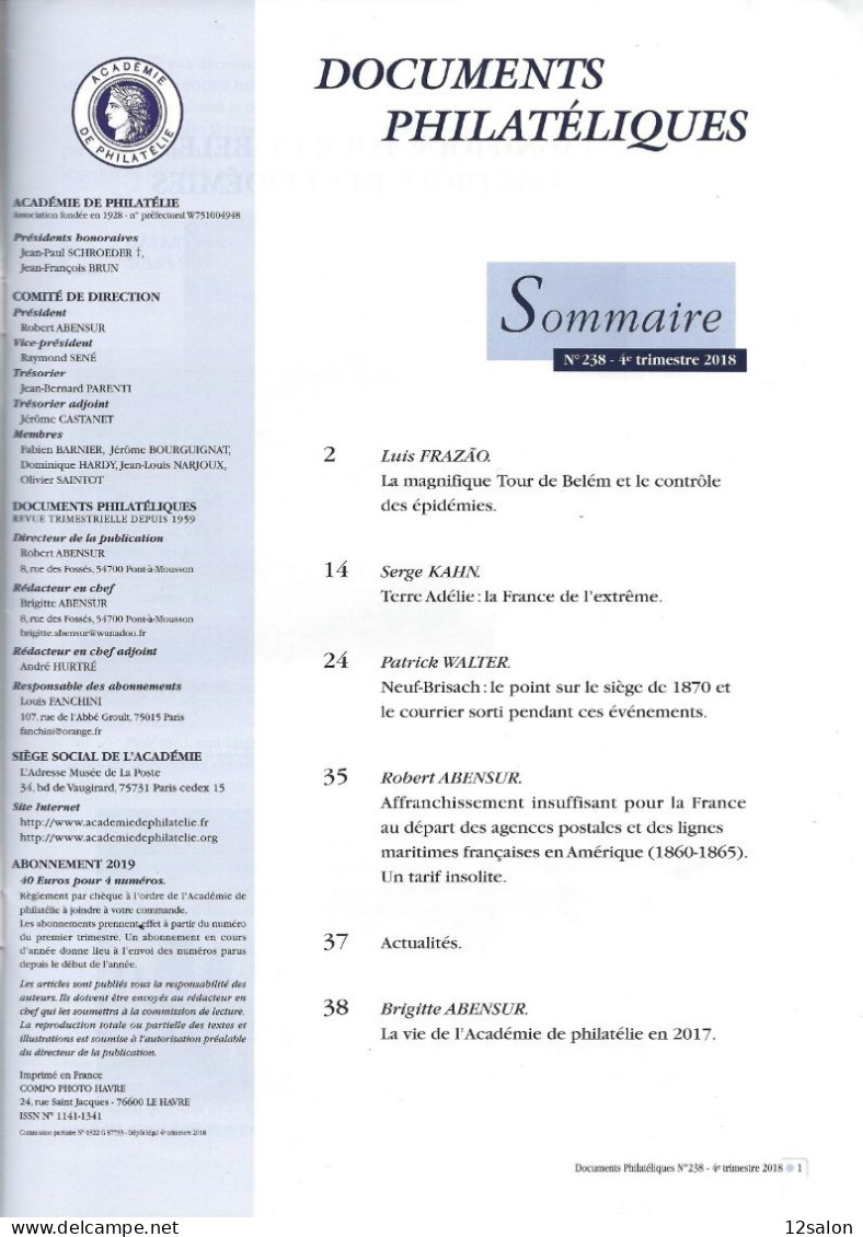 ACADEMIE DE PHILATELIE DOCUMENTS PHILATELIQUES N° 238 + Sommaire - Altri & Non Classificati