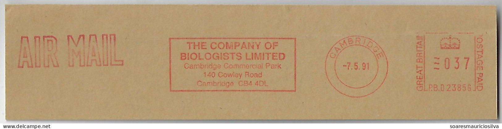 Great Britain 1991 Cover Fragment Meter Stamp Pitney Bowes 6300 Series Slogan The Company Of Biologists Ltd In Cambridge - Storia Postale