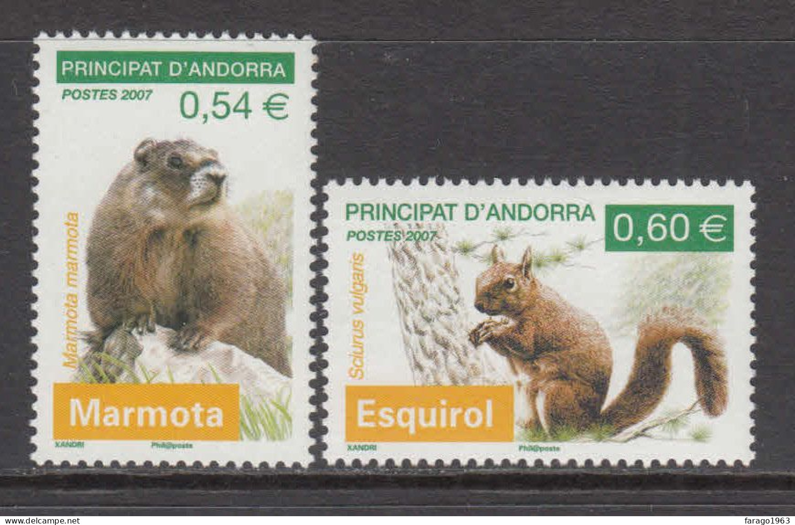 2007 Andorra Spanish Wildlife  Squirrel Marmot Squirrel Complete Set Of 2 MNH @ BELOW FACE VALUE - Neufs