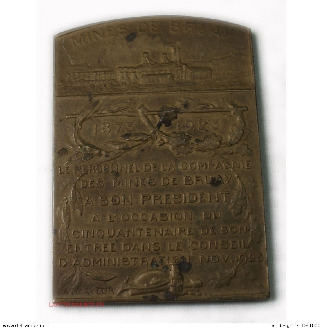 Médaille Plaque A. DINCQ Président 1923, Mines De BRUAY Par A. MAYEUR - Monarchia / Nobiltà