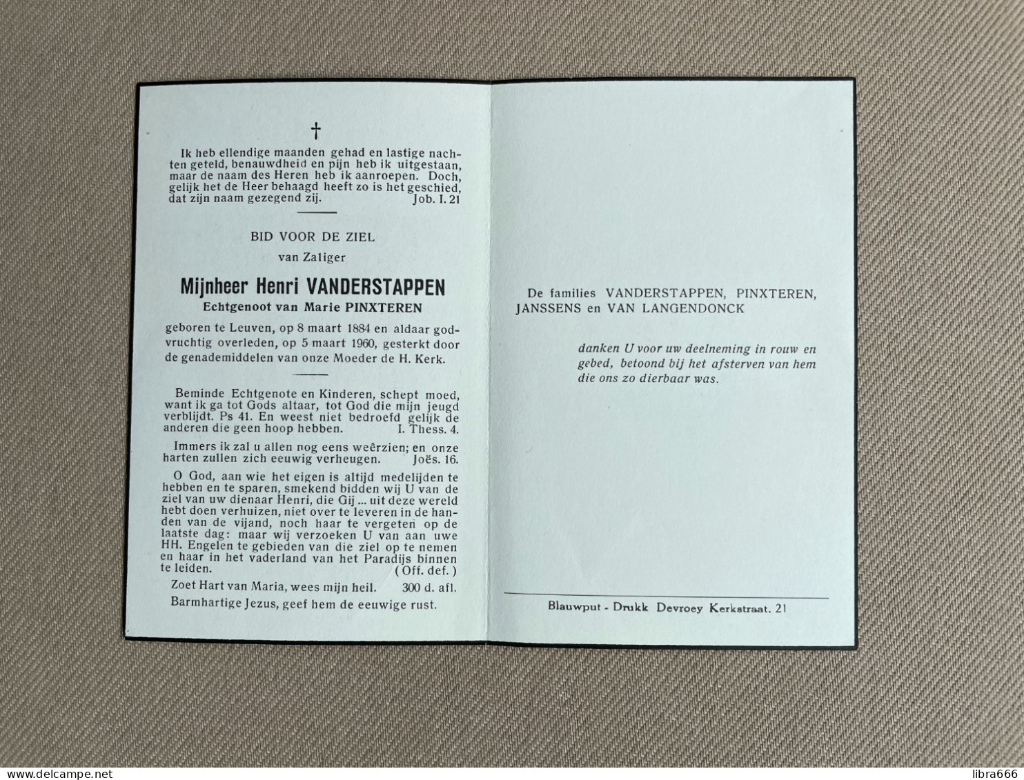 VANDERSTAPPEN Henri °LEUVEN 1884 +LEUVEN 1960 - PINXTEREN - JANSSENS - VAN LANGENDONCK - Obituary Notices