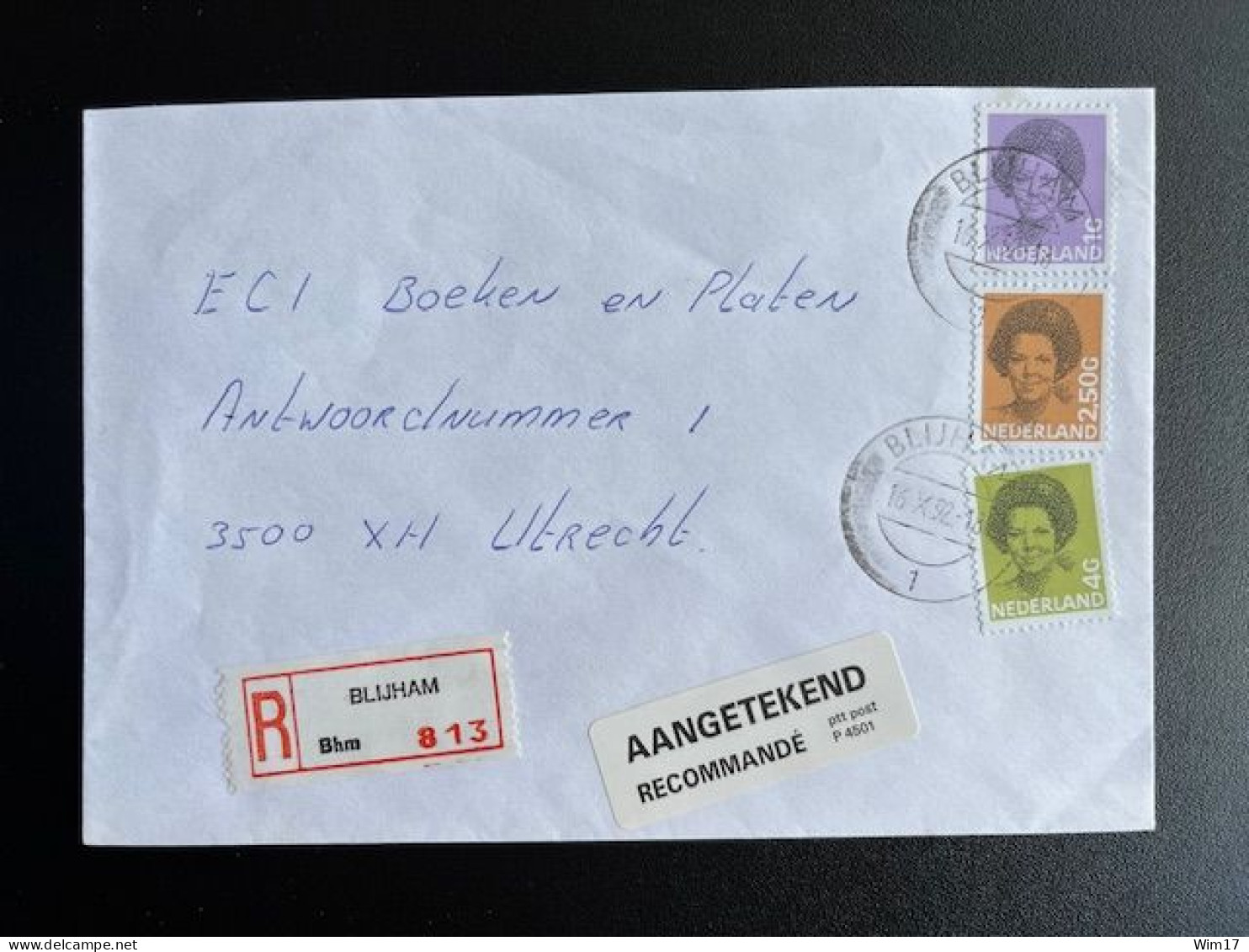NETHERLANDS 1992 REGISTERED LETTER BLIJHAM TO UTRECHT 16-10-1992 NEDERLAND AANGETEKEND - Briefe U. Dokumente