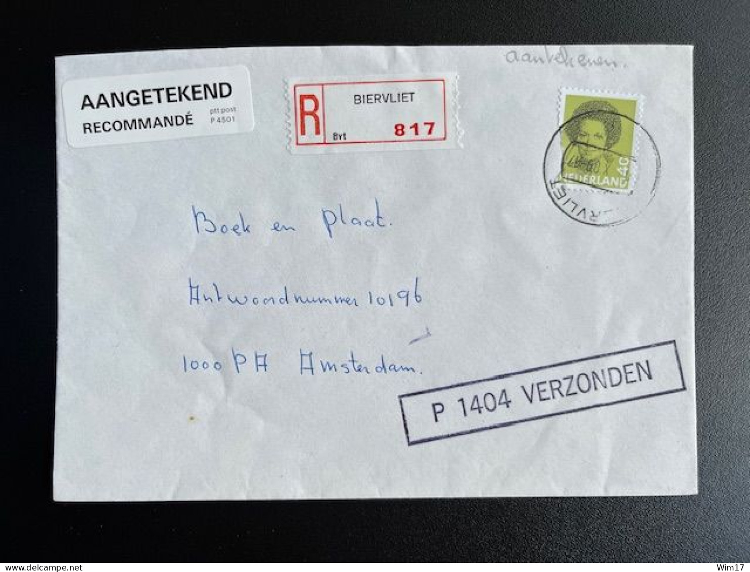 NETHERLANDS 1989 REGISTERED LETTER BIERVLIET TO AMSTERDAM 10-10-1989 NEDERLAND AANGETEKEND - Storia Postale