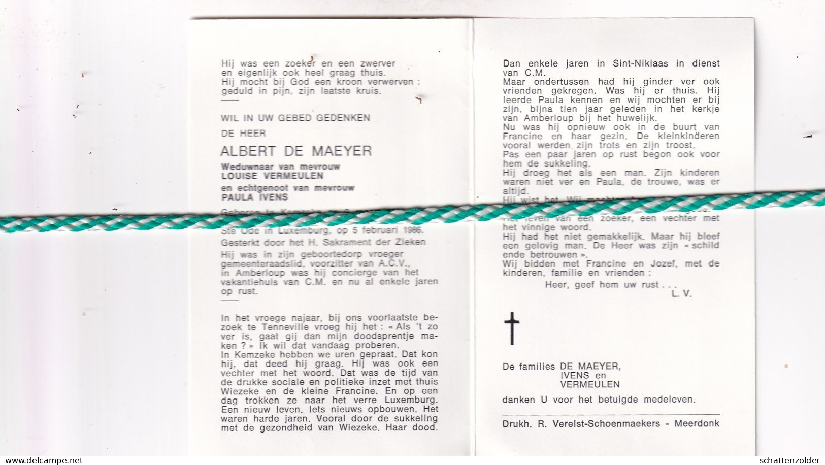 Albert De Maeyer-Vermeulen-Ivens, Kemzeke 1923, Luxemburg 1986. Oud Gemeenteraadslid - Obituary Notices