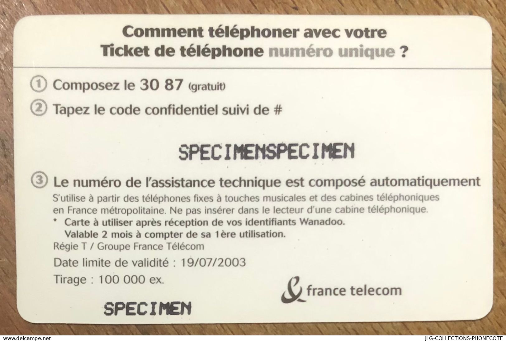 TICKET TÉLÉPHONE WANADOO PACK MODEM 19/07/2003 SPÉCIMEN PREPAID PREPAYÉE CALLING CARD TELECARTE SCHEDA PHONE CARD - FT