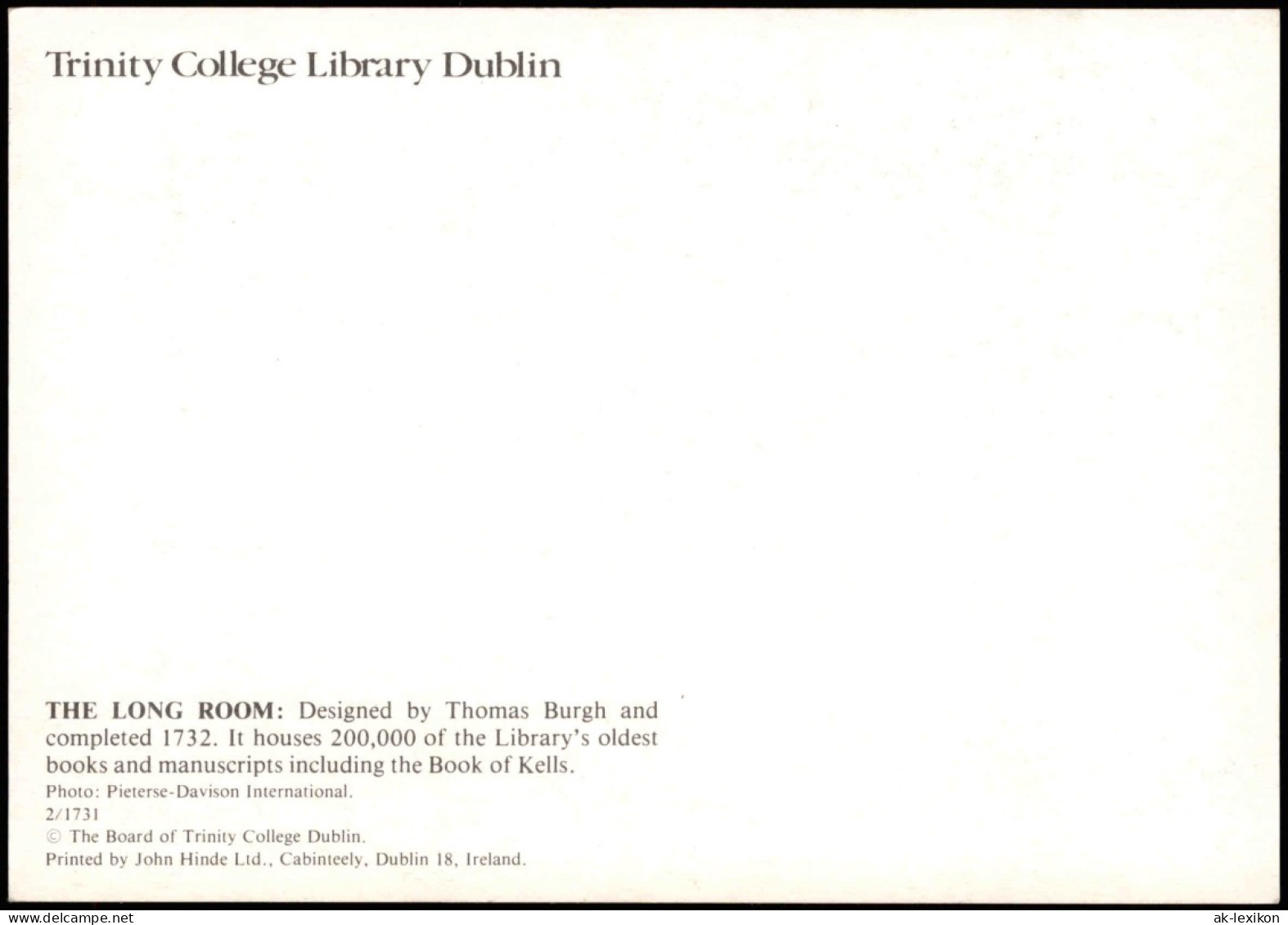 Dublin Baile Átha Cliath THE LONG ROOM: Designed By Thomas Burgh And  1999 - Other & Unclassified